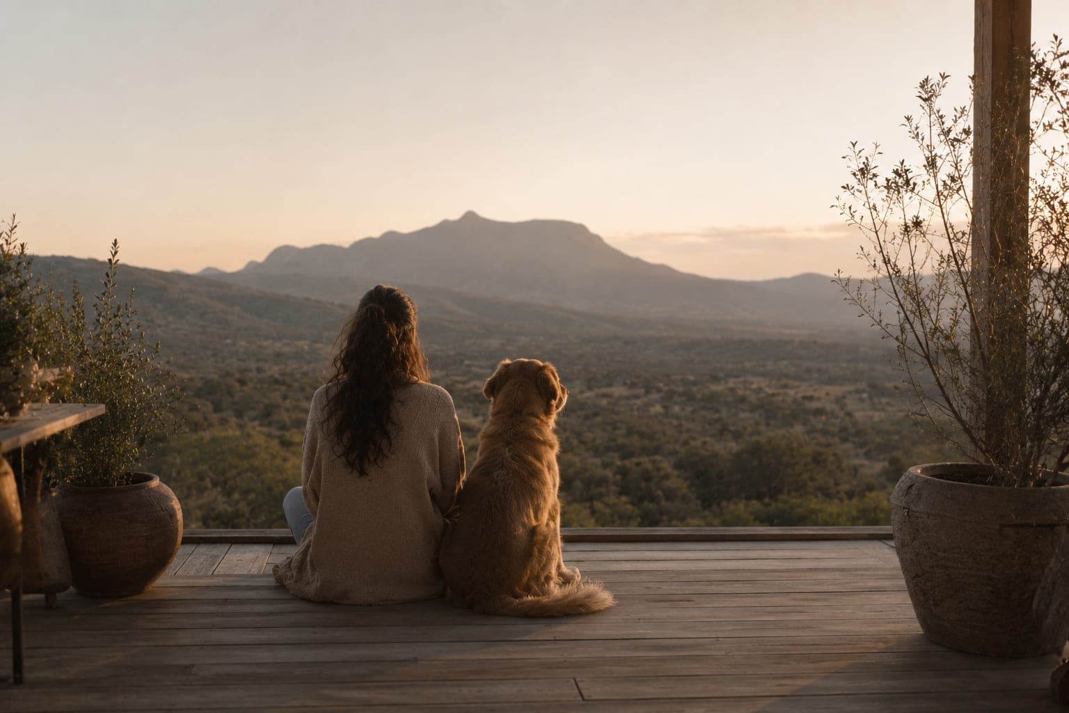 Une femme assise sur une terrasse auprès de son chien, face aux montagnes au couchant