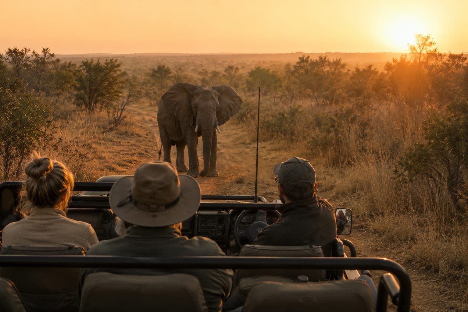 Trois participantes à bord d’un véhicule de safari, face à un éléphant sur la piste au soleil couchant