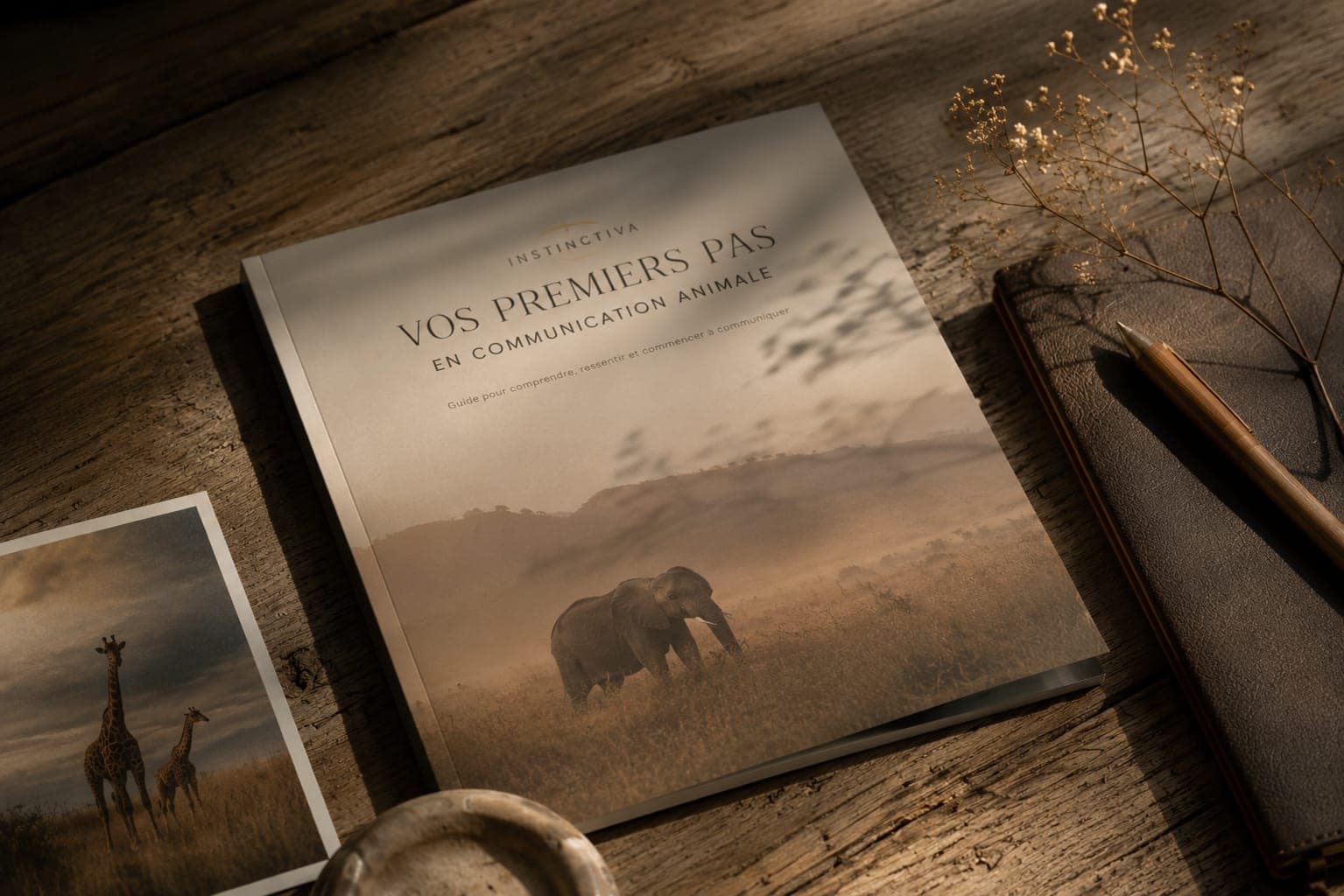 Le guide « Vos premiers pas en communication animale » posé sur une table de bois