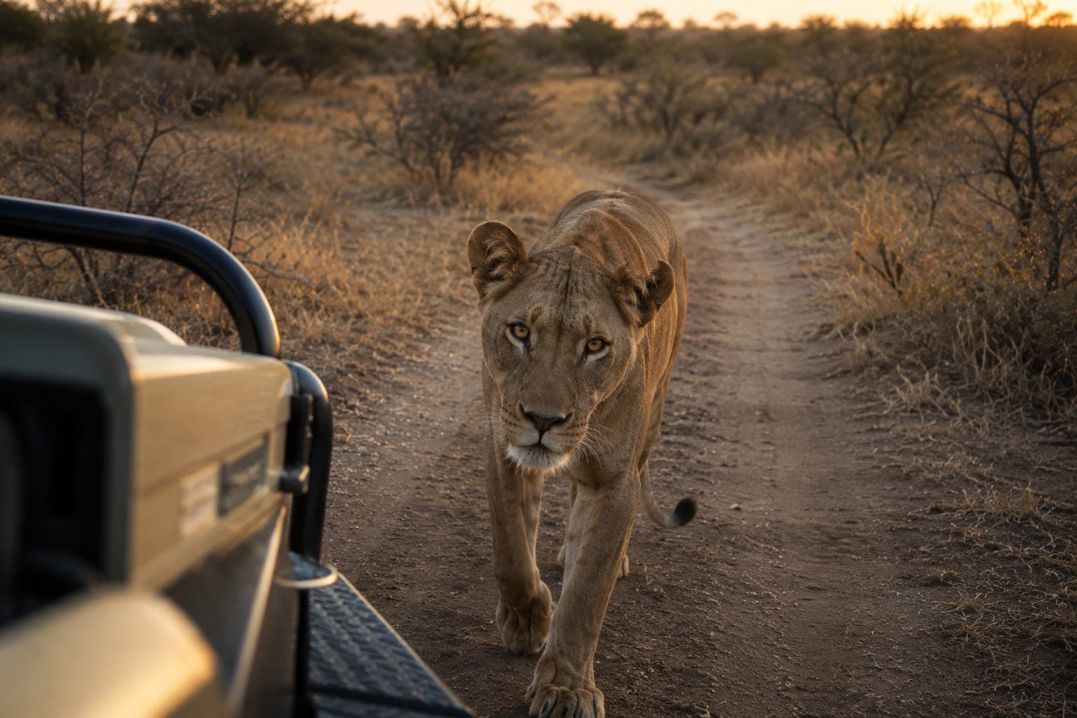 Une lionne avançant sur une piste de terre, à hauteur de regard
