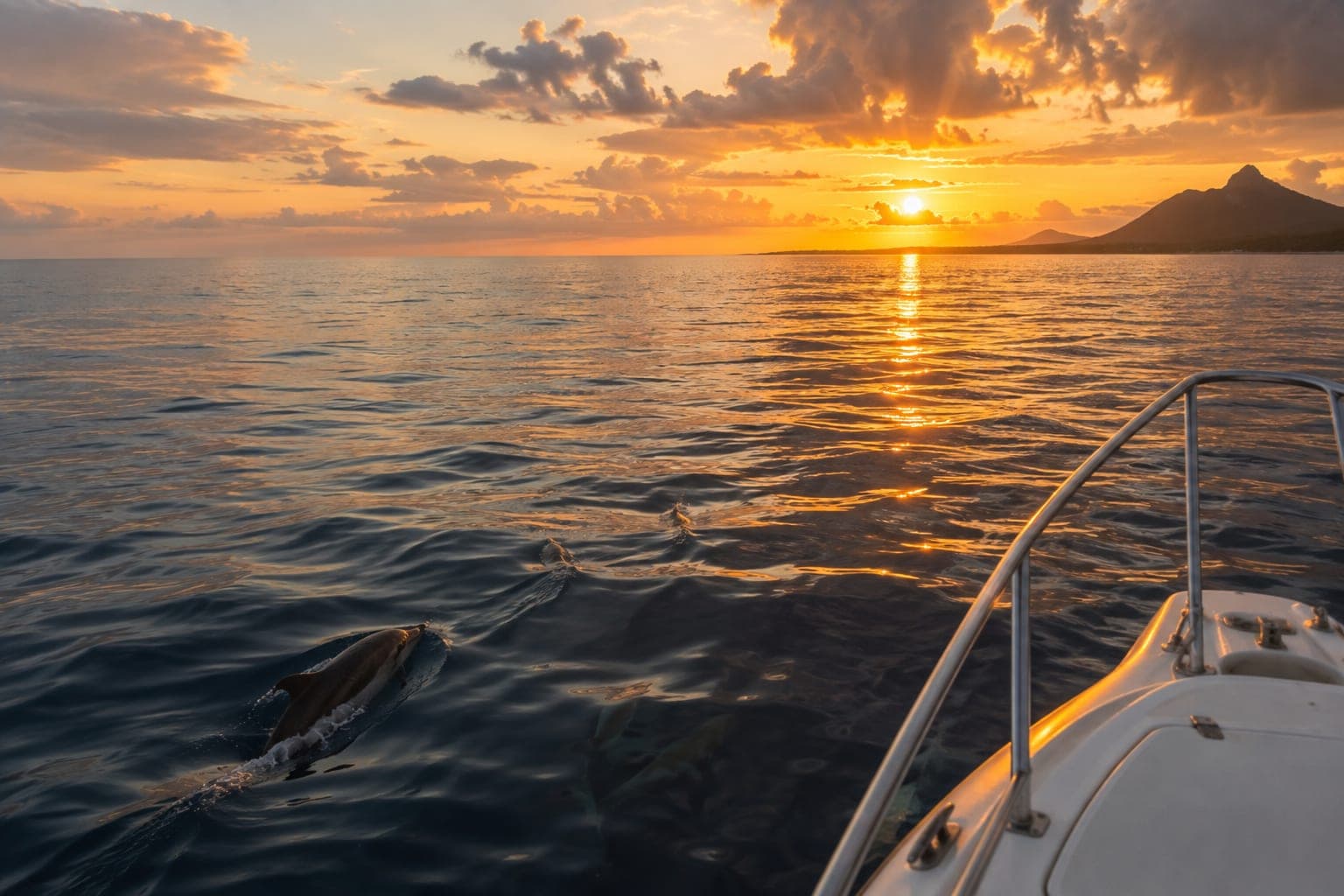 Des dauphins traversant un lagon au soleil couchant