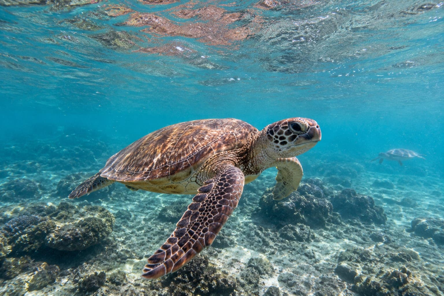Une tortue marine glissant au-dessus du récif, dans une eau turquoise