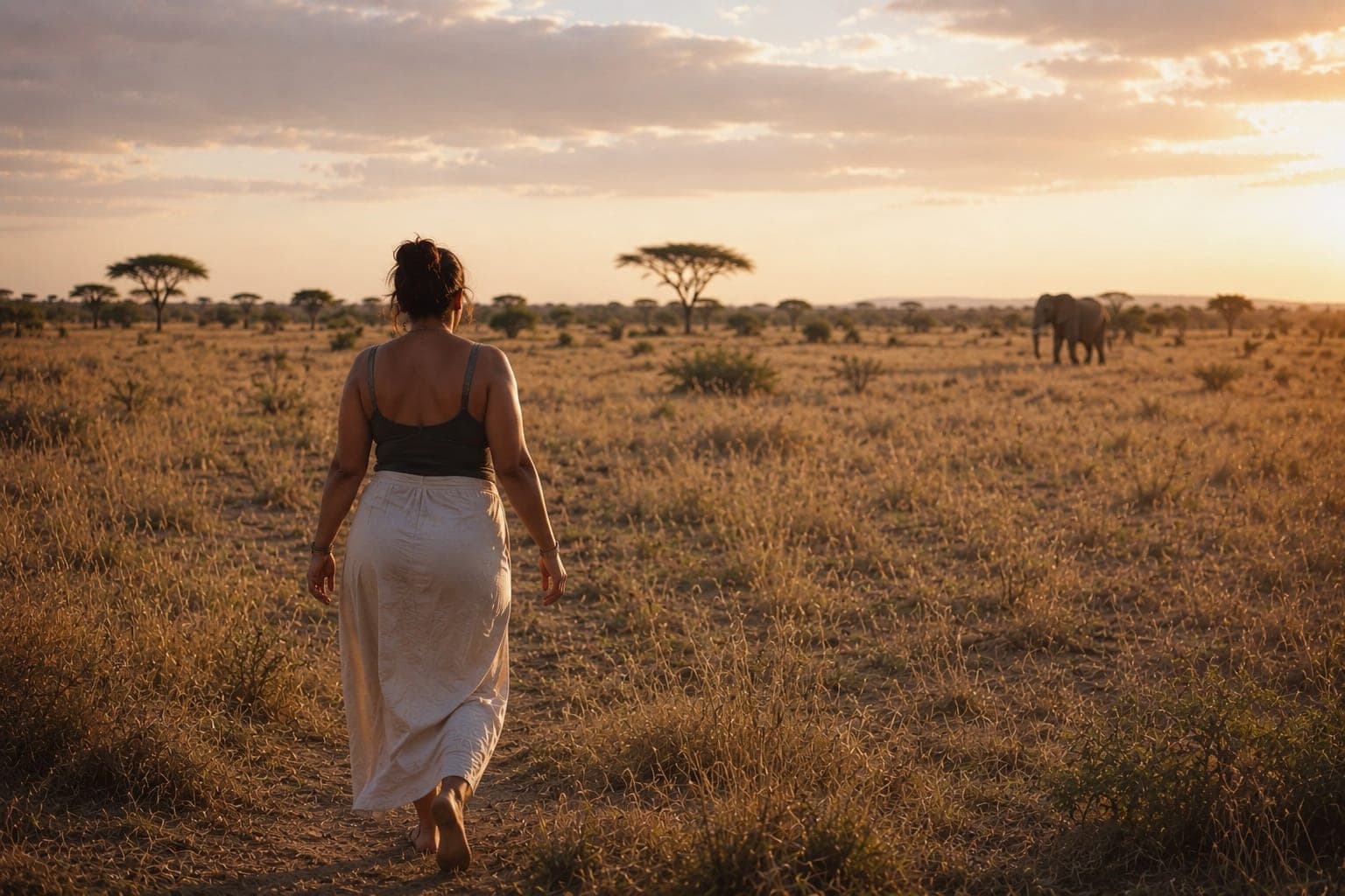 Une femme de dos marchant pieds nus dans la savane au soleil couchant, un éléphant à l’horizon sur sa droite