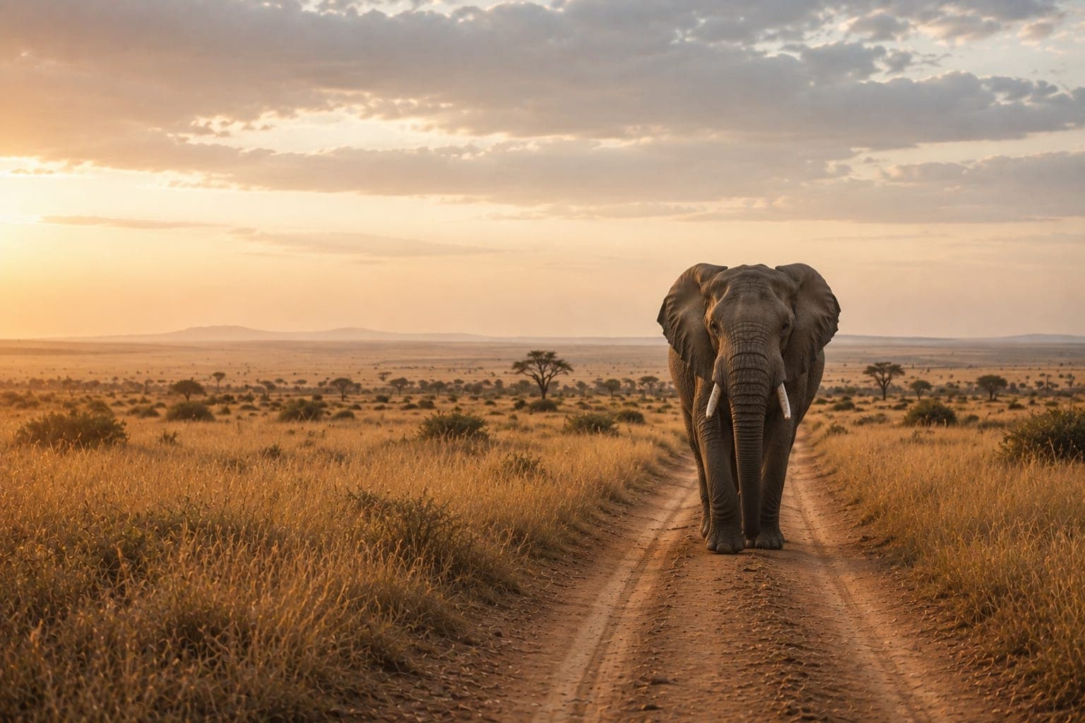Un éléphant remontant une piste de terre dans la savane, l’horizon dégagé derrière lui au lever du jour