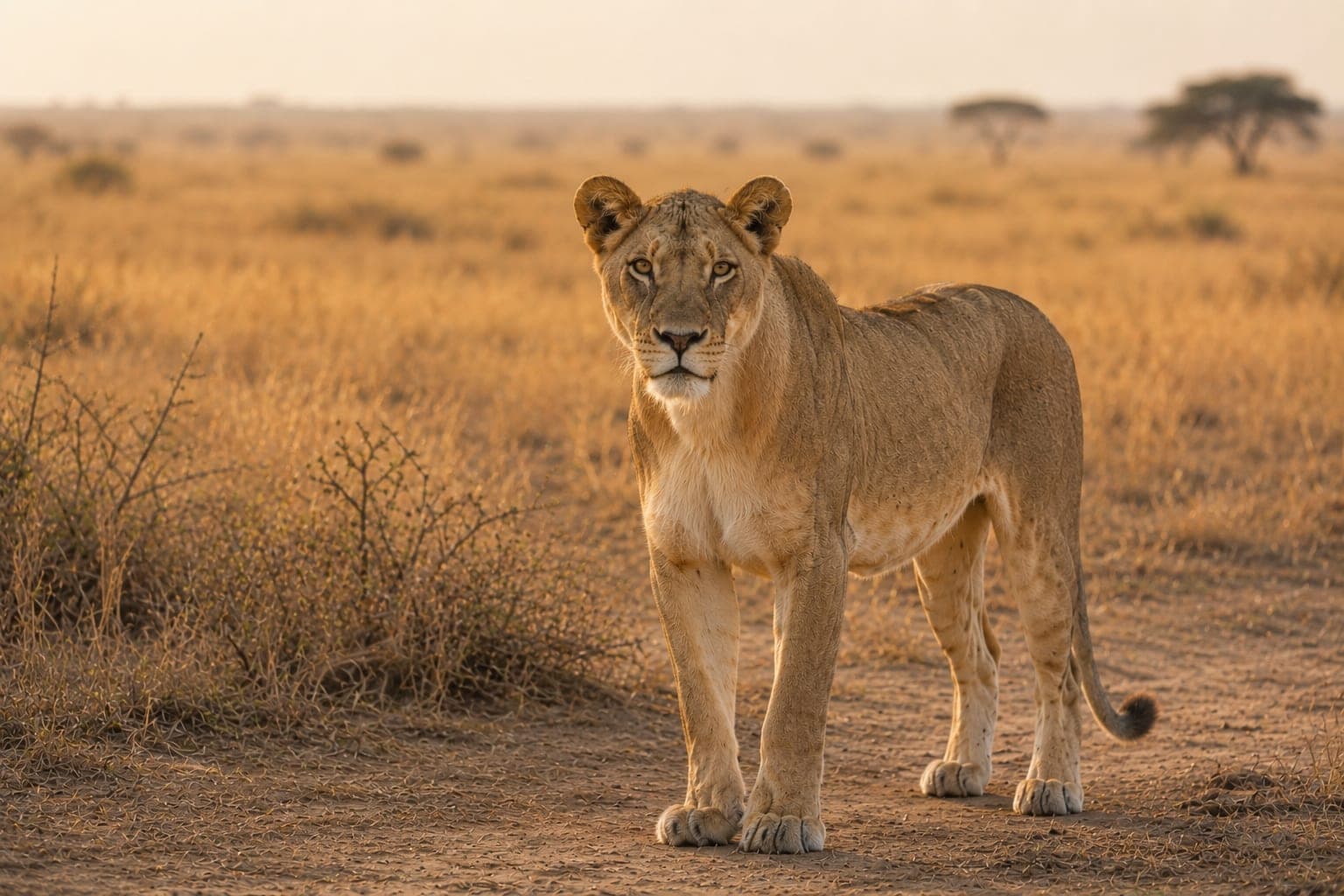 Une lionne debout dans l’herbe sèche, immobile, le regard tourné vers l’objectif