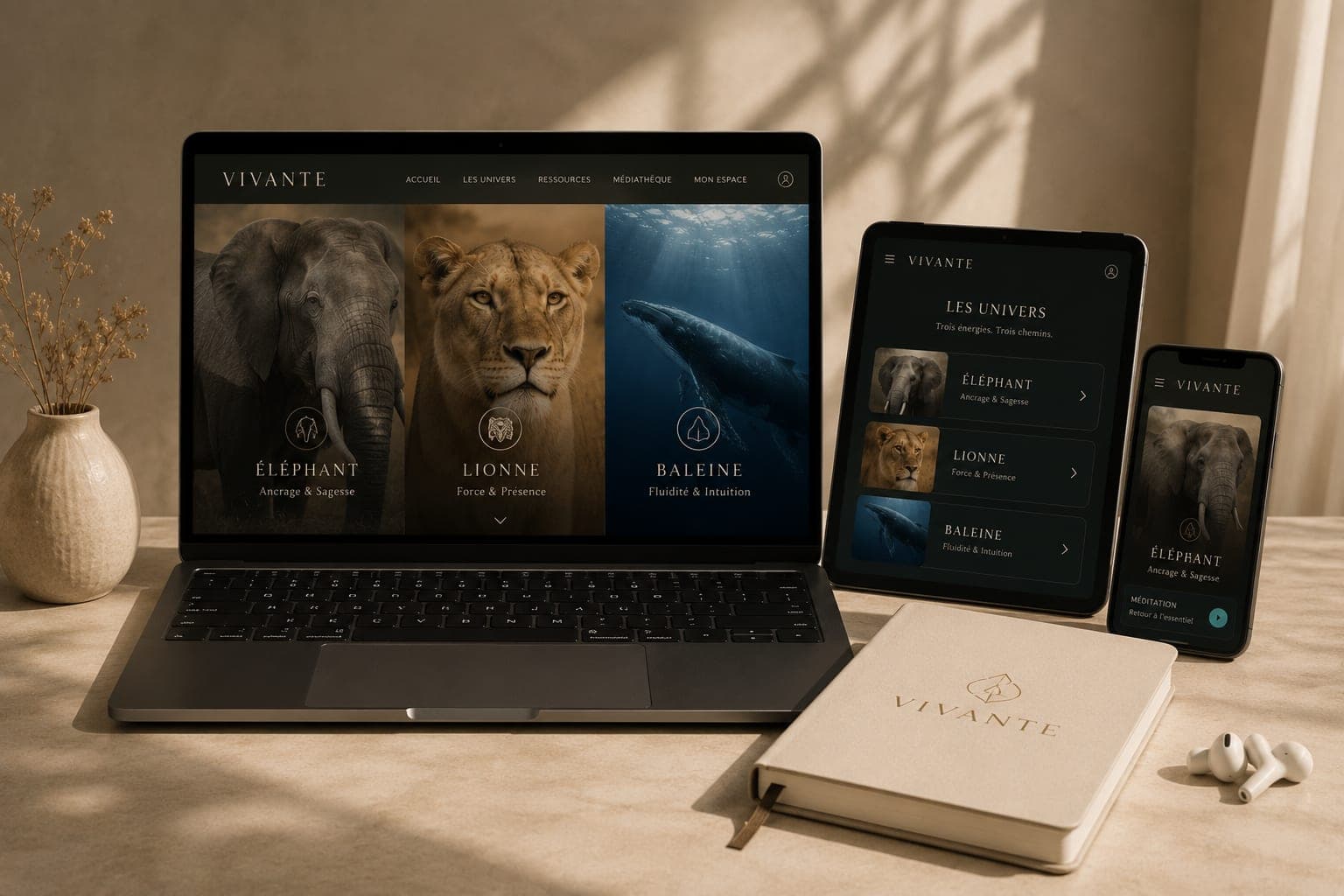 La plateforme VIVANTE affichée sur un ordinateur, une tablette et un téléphone, posés près d’un carnet et d’écouteurs