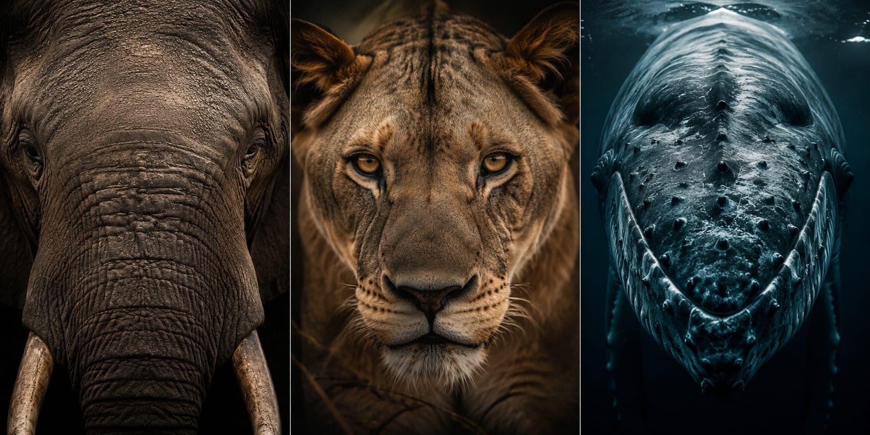 Trois portraits rapprochés côte à côte : un éléphant, une lionne et une baleine à bosse, tous trois tournés vers l’objectif